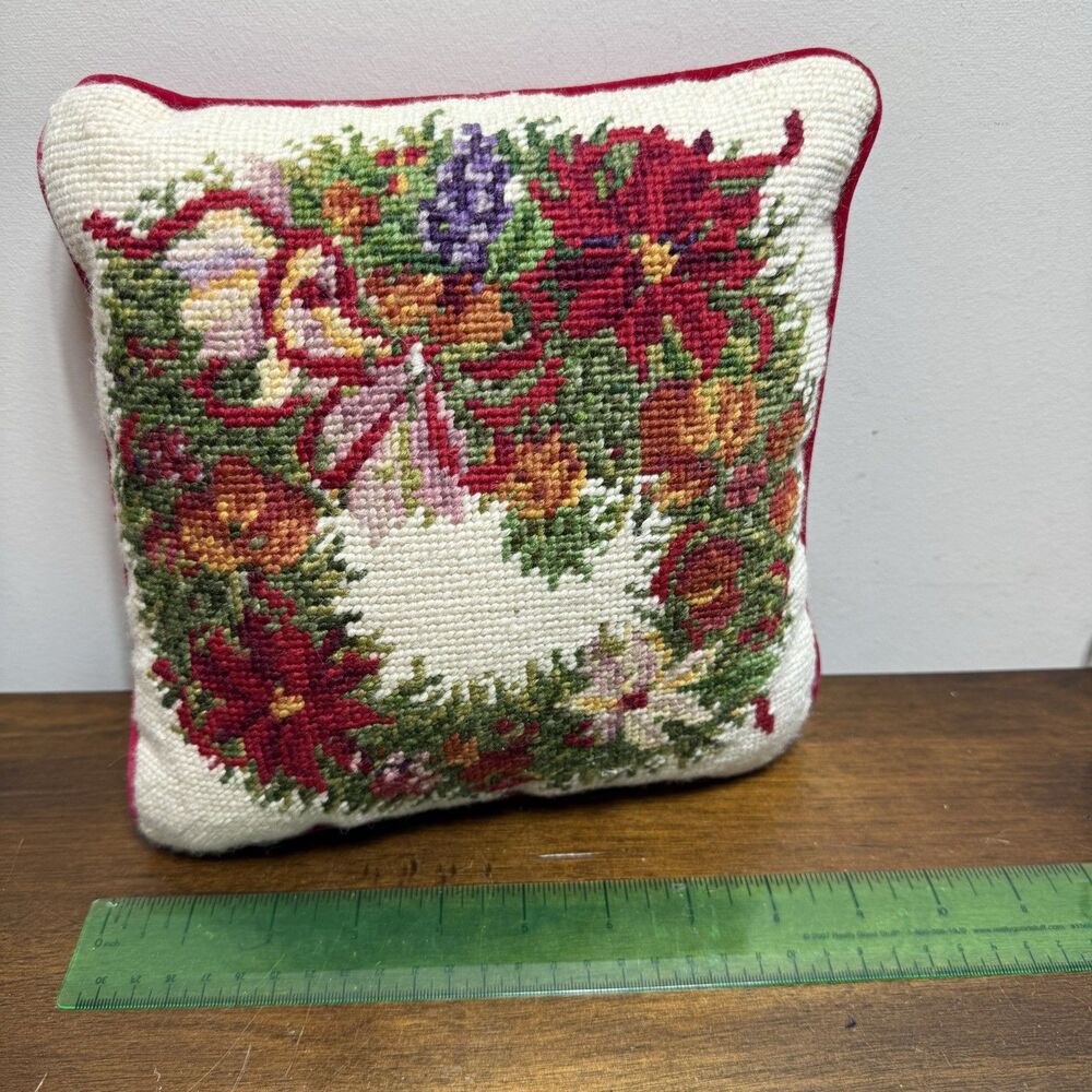 Christmas Needlepoint Pillow Floral Wreath Poinsettias Fruit Holiday 9”x 9” - Picture 4 of 5